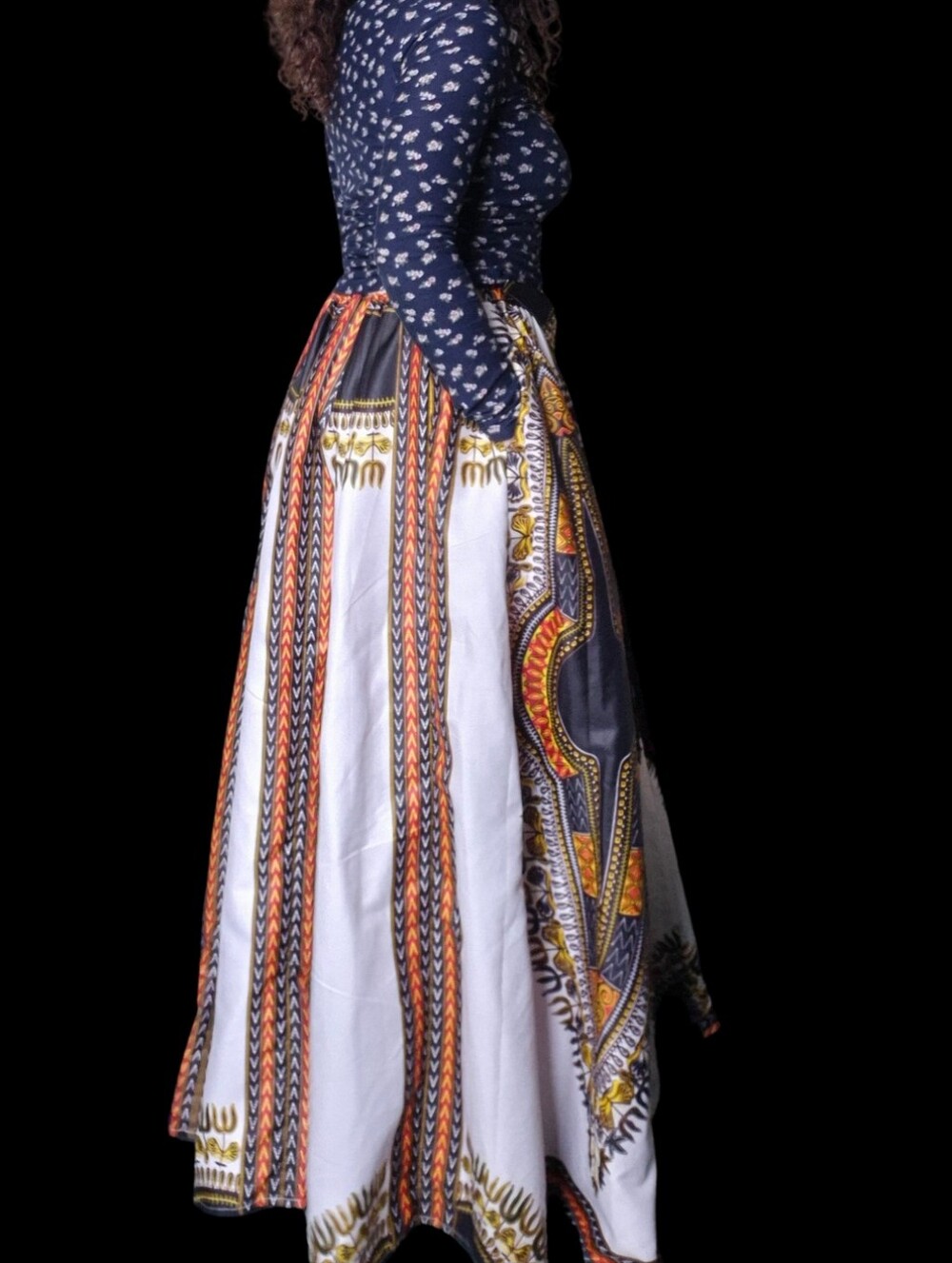 Boho Maxi Skirt in White with Orange & Black Print